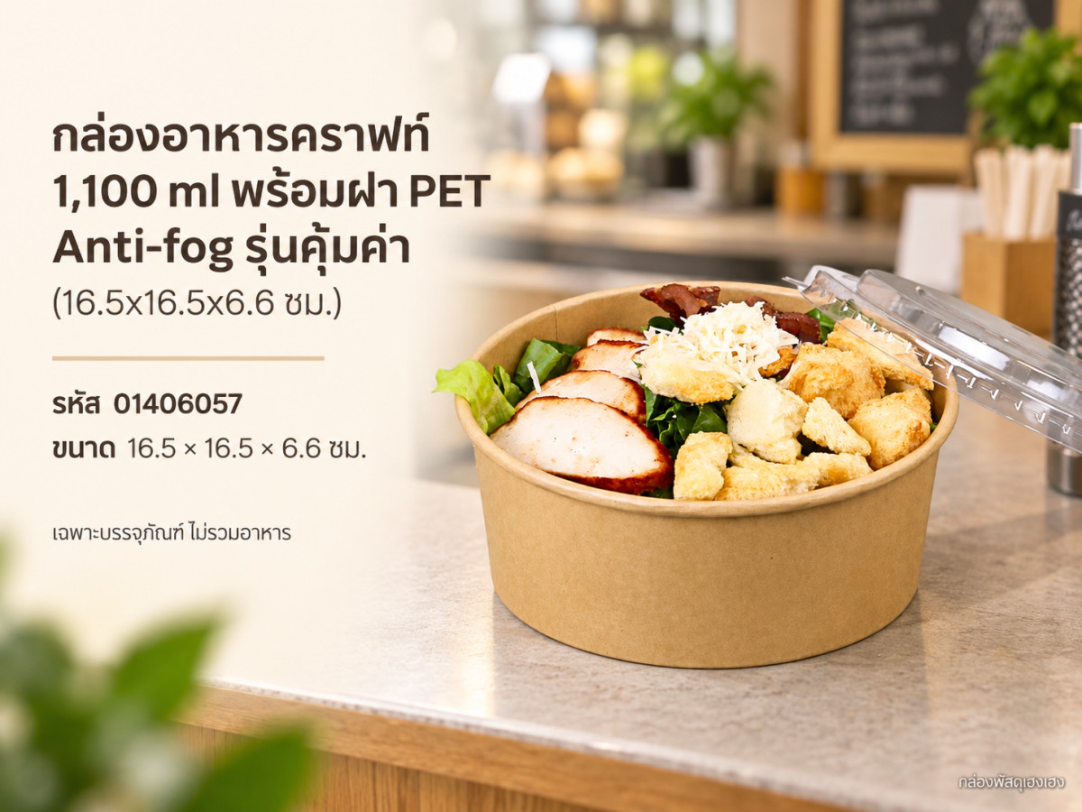 กล่องอาหารคราฟท์ 1,100 ml พร้อมฝา PET Anti-fog รุ่นคุ้มค่า (16.5x16.5x6.6 ซม.)
