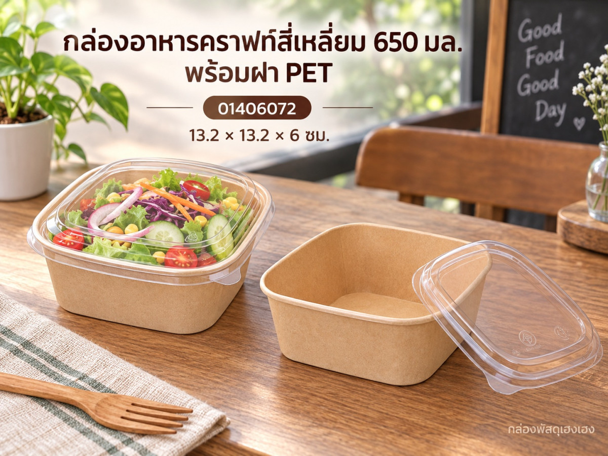 กล่องอาหารกระดาษคราฟท์ ทรงสี่เหลี่ยม 650 ml พร้อมฝา PET 13.2x13.2x6 ซม.