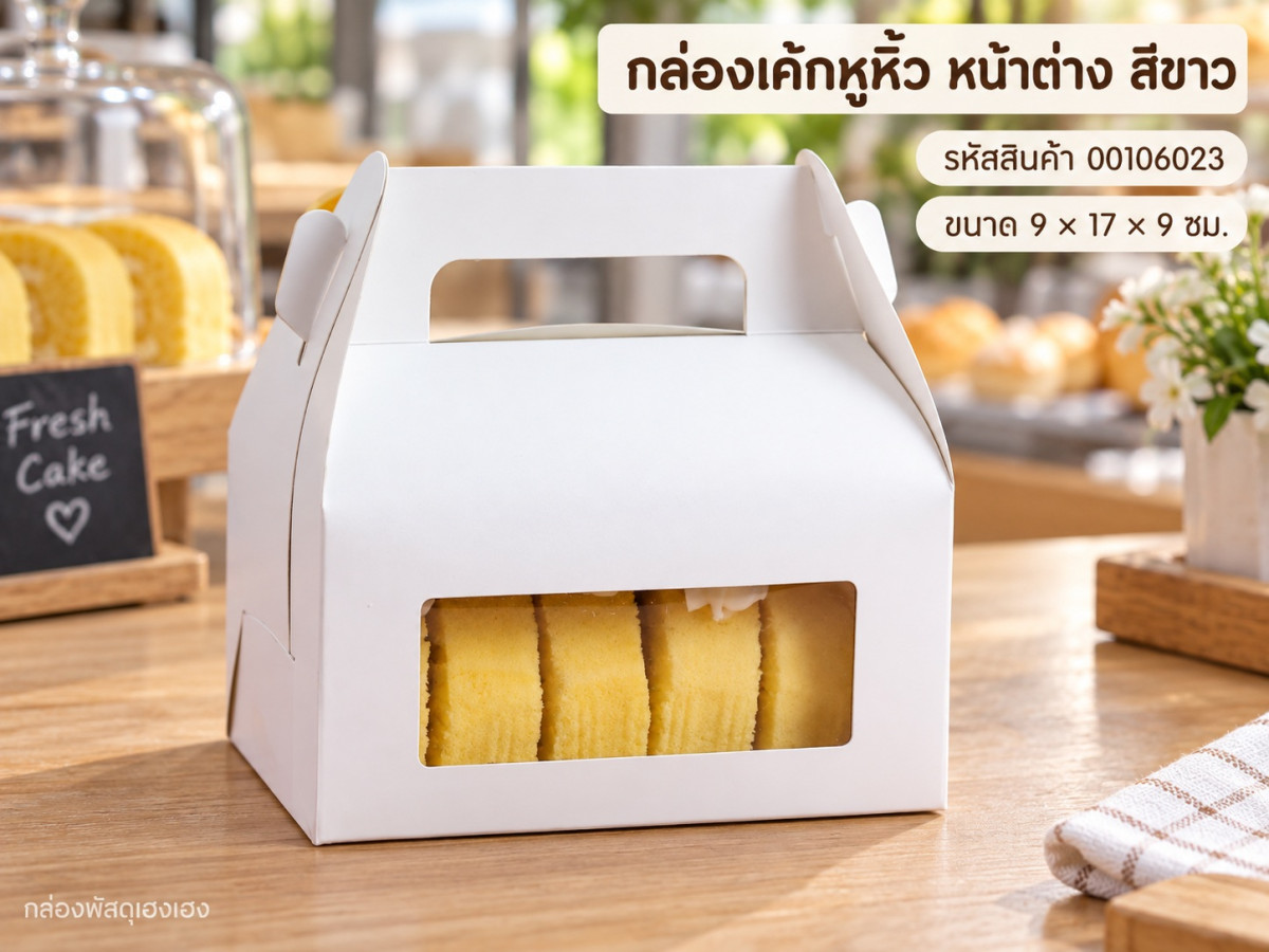 กล่องเค้กหูหิ้ว หน้าต่าง สีขาว 9x17x9 ซม.