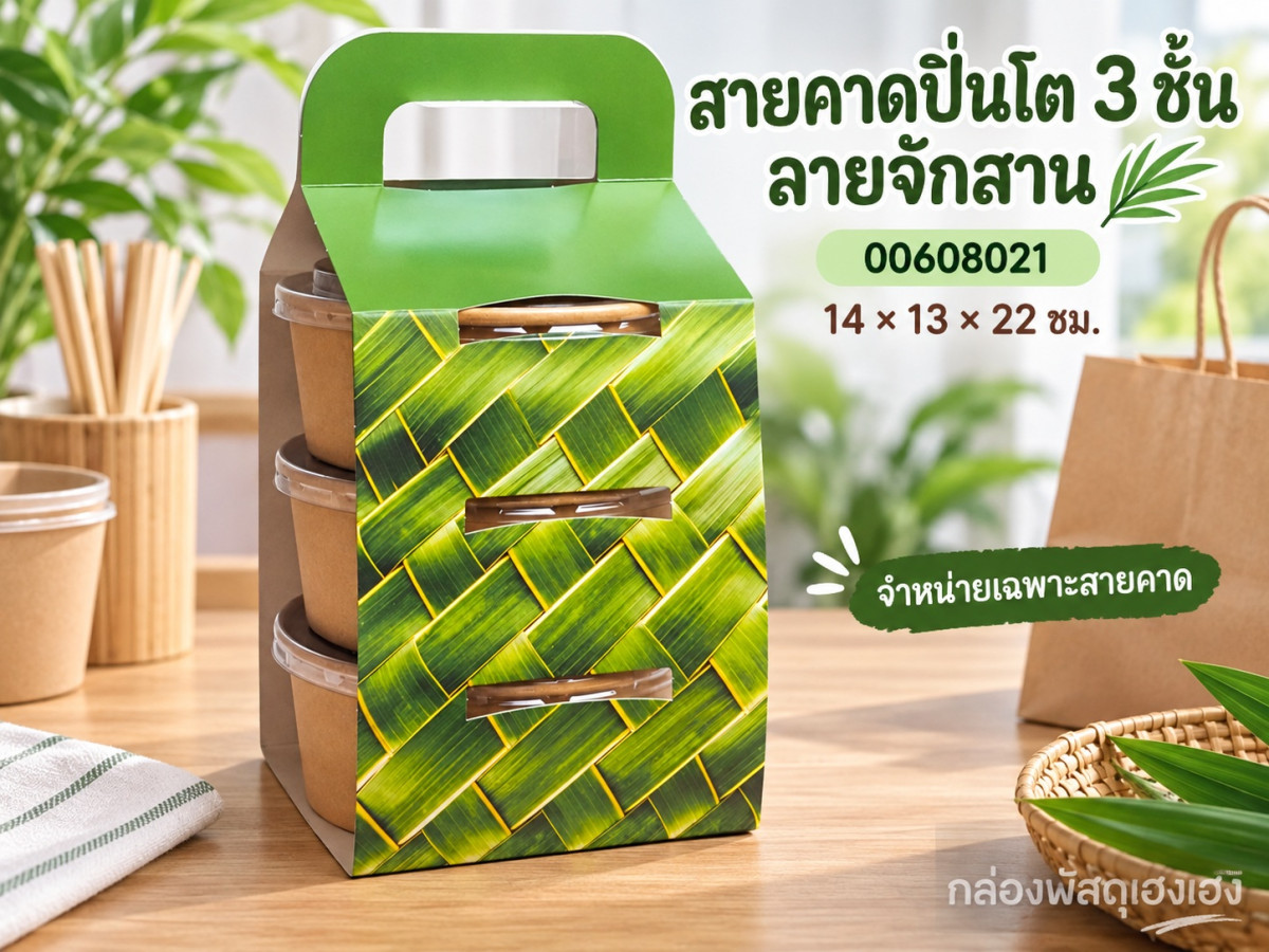 สายคาดปิ่นโต 3 ชั้น สำหรับถ้วย 750 ml ลายจักสาน 14x13x22 ซม.