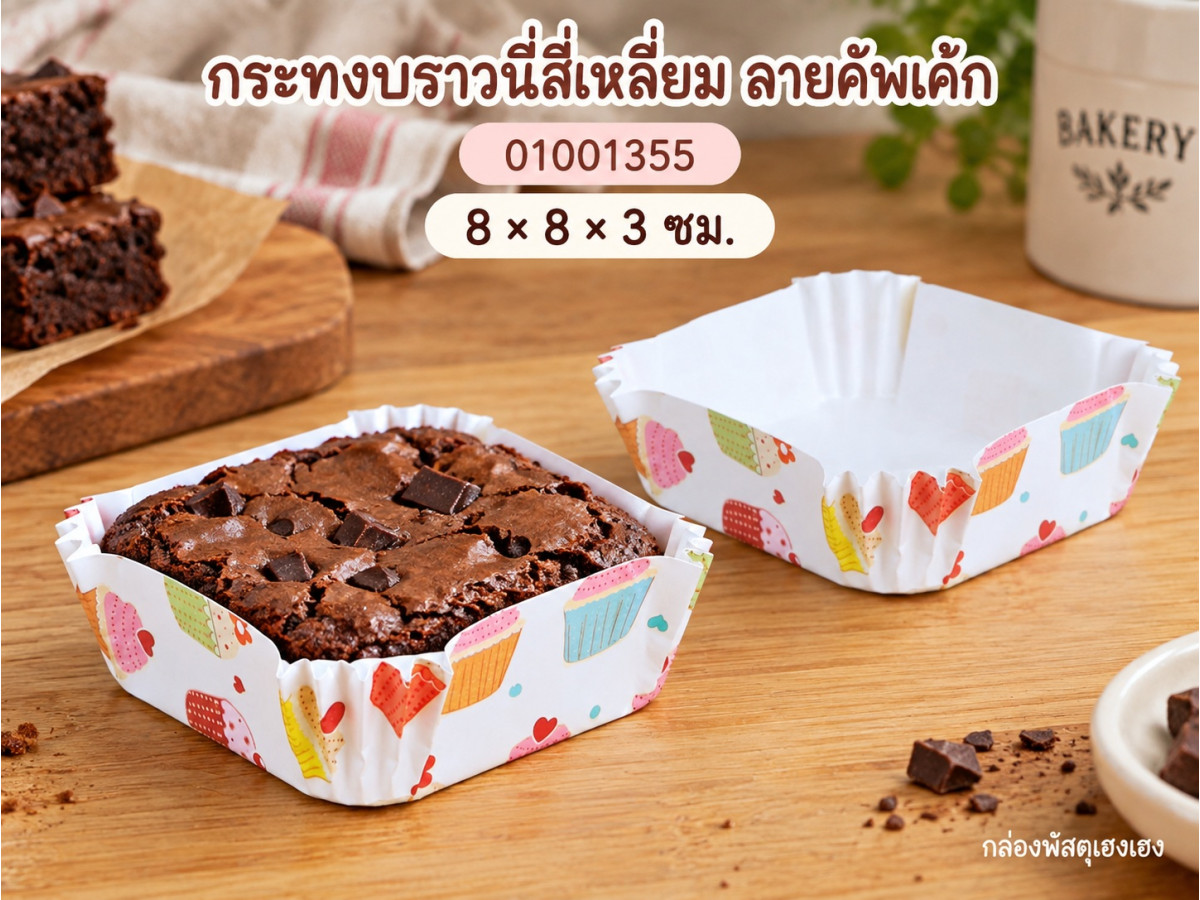 กระทงบราวนี่สี่เหลี่ยม ลายคัพเค้ก 8x8x3 ซม.