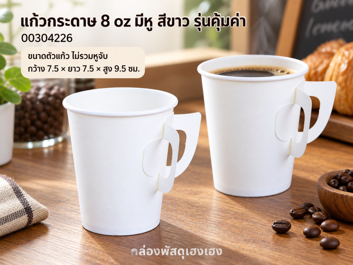 แก้วกระดาษ 8 oz มีหู สีขาว รุ่นคุ้มค่า ขนาดตัวแก้ว ไม่รวมหูจับ 7.5x7.5x9.5 ซม.