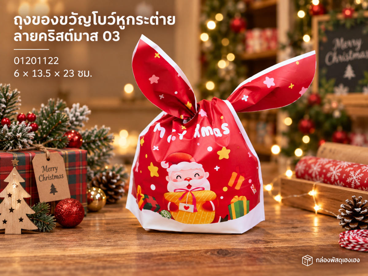 ถุงของขวัญโบว์หูกระต่าย ลายคริสต์มาส 03 ขนาด 6 x 13.5 x 23 ซม.