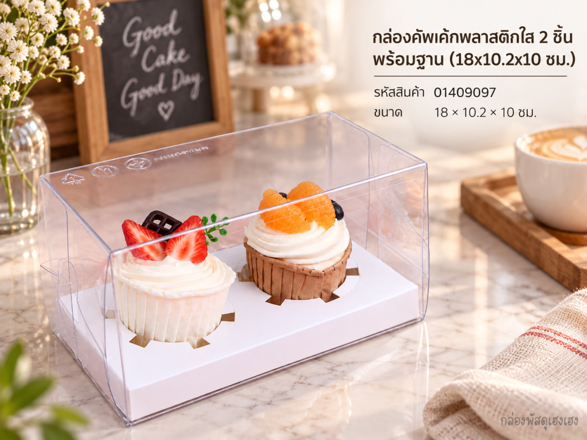 กล่องคัพเค้กพลาสติกใส 2 ชิ้น พร้อมฐาน (18x10.2x10 ซม.)