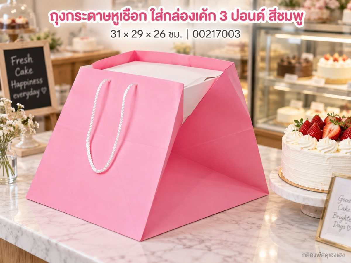 ถุงกระดาษหูเชือก ใส่กล่องเค้ก 3 ปอนด์ สีชมพู 31x29x26 ซม.