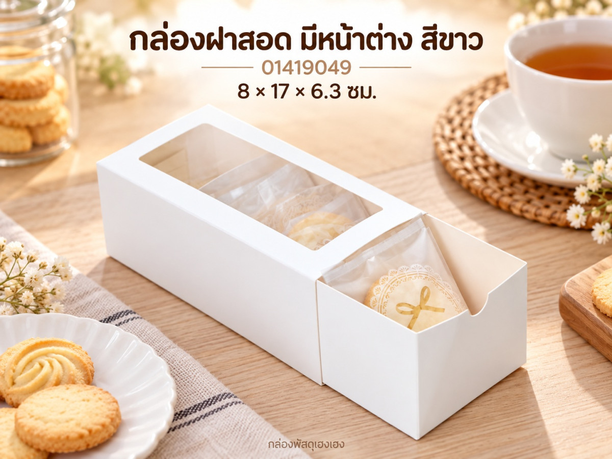 กล่องฝาสอด มีหน้าต่าง สีขาว 8x17x6.3 ซม.