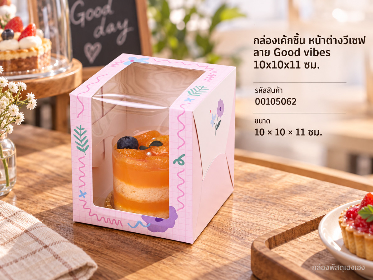 กล่องเค้กชิ้น หน้าต่างวีเชฟ ลาย Good vibes 10x10x11 ซม.