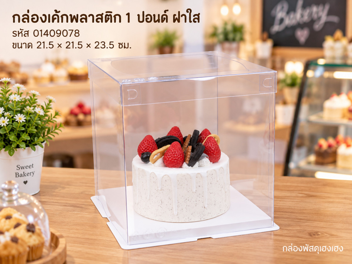 กล่องเค้กพลาสติก 1 ปอนด์ ฝาใส ขนาด 21.5x21.5x23.5 ซม.