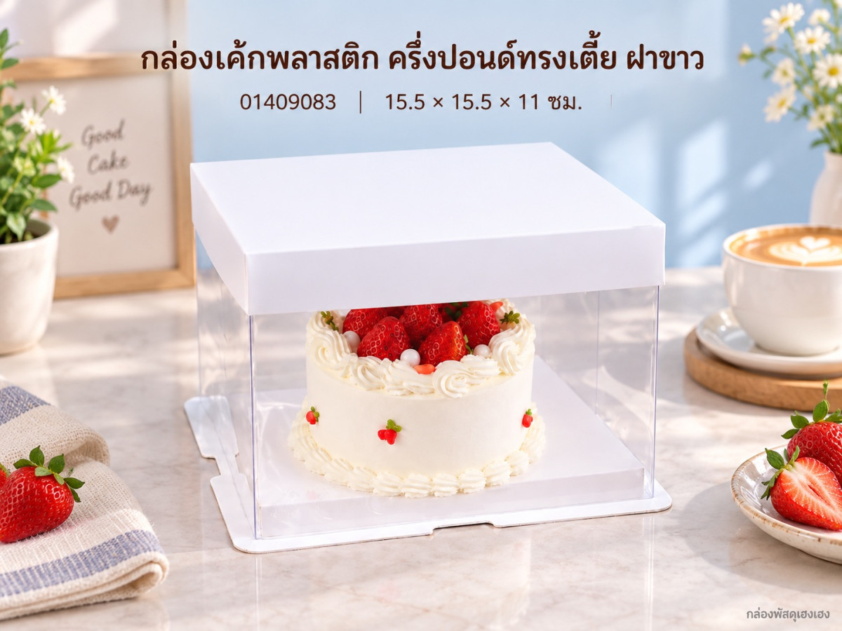 กล่องเค้กพลาสติก ครึ่งปอนด์ทรงเตี้ย ฝาขาว 15.5x15.5x11 ซม.
