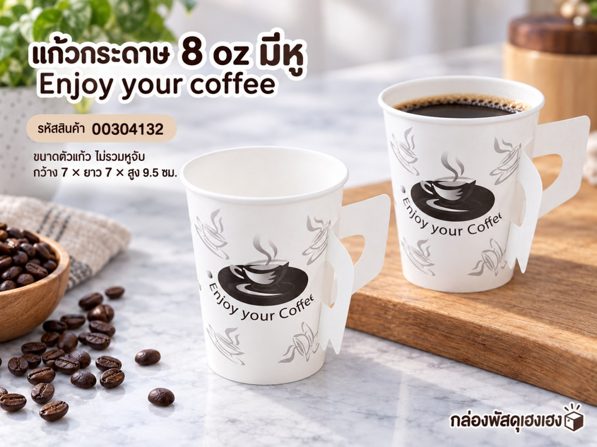 แก้วกระดาษ 8 oz มีหู Enjoy your coffee ขนาดตัวแก้ว ไม่รวมหูจับ 7x7x9.5 ซม.