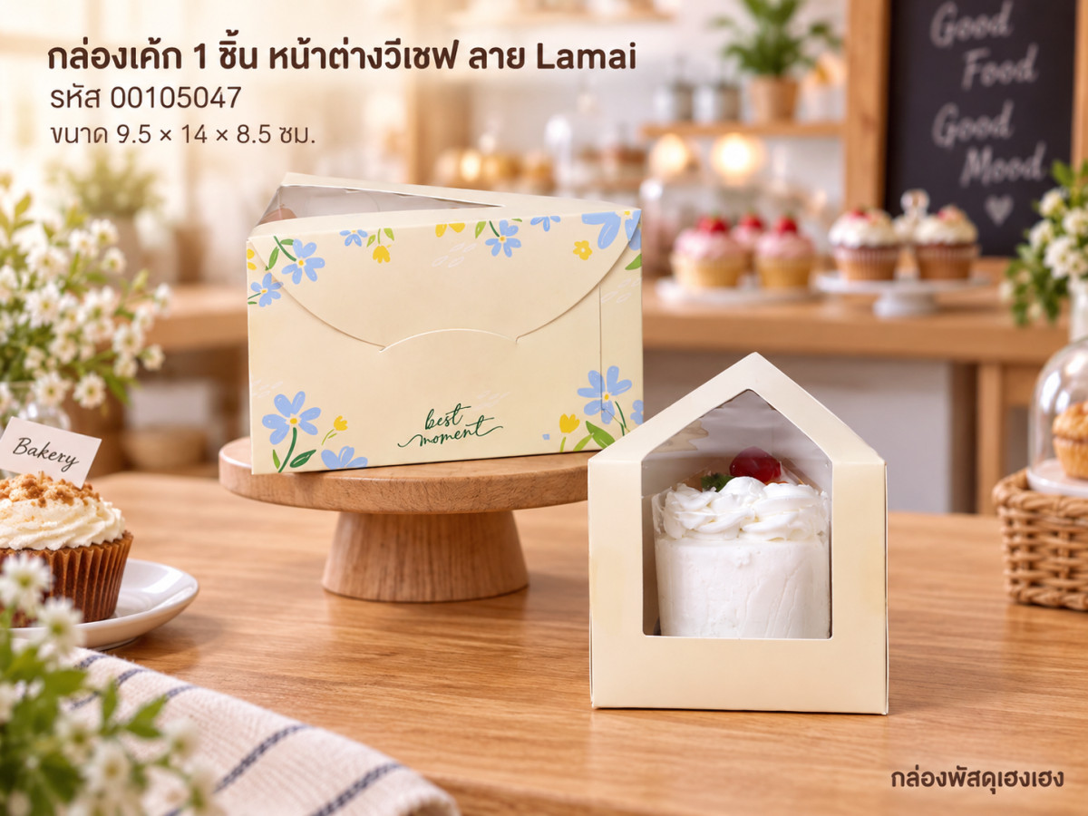 กล่องเค้ก 1 ชิ้น หน้าต่างวีเชฟ ลาย Lamai (9.5x14x8.5 ซม.)