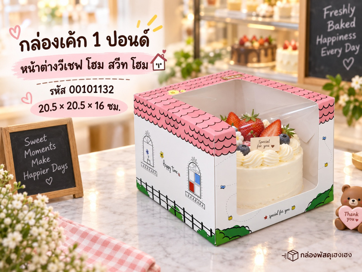 กล่องเค้ก 1 ปอนด์ หน้าต่างวีเชฟ โฮม สวีท โฮม 20.5x20.5x16 ซม.