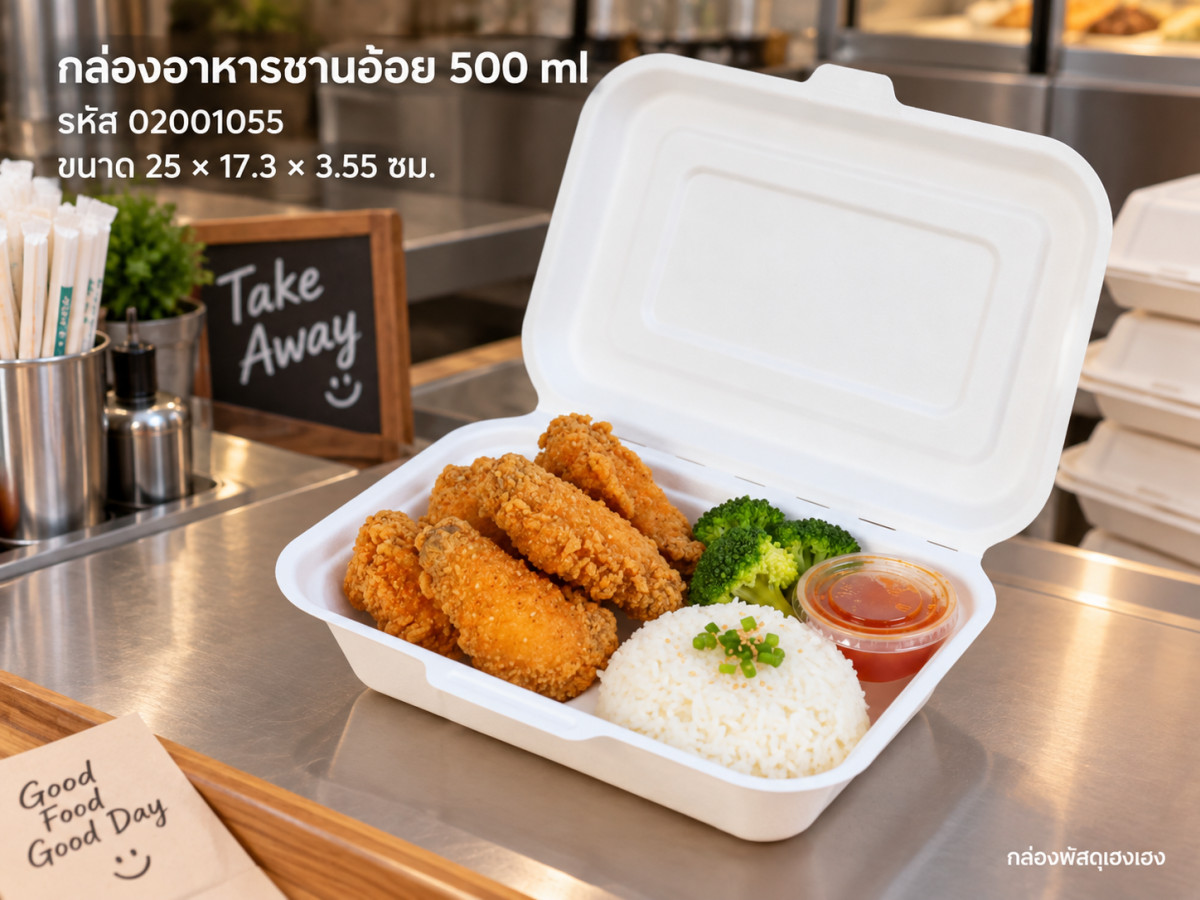 กล่องอาหารชานอ้อย ฝาปิด 500 ml (25x17.3x3.55 ซม.)