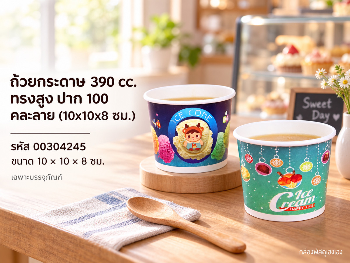 ถ้วยกระดาษ 390 cc. ทรงสูง ปาก 100 คละลาย (10x10x8 ซม.)