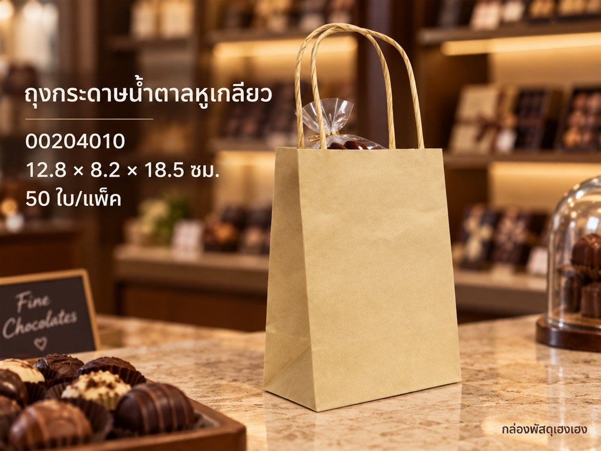 ถุงกระดาษน้ำตาลหูเกลียว ขนาด 12.8*8.2*18.5 ซม.