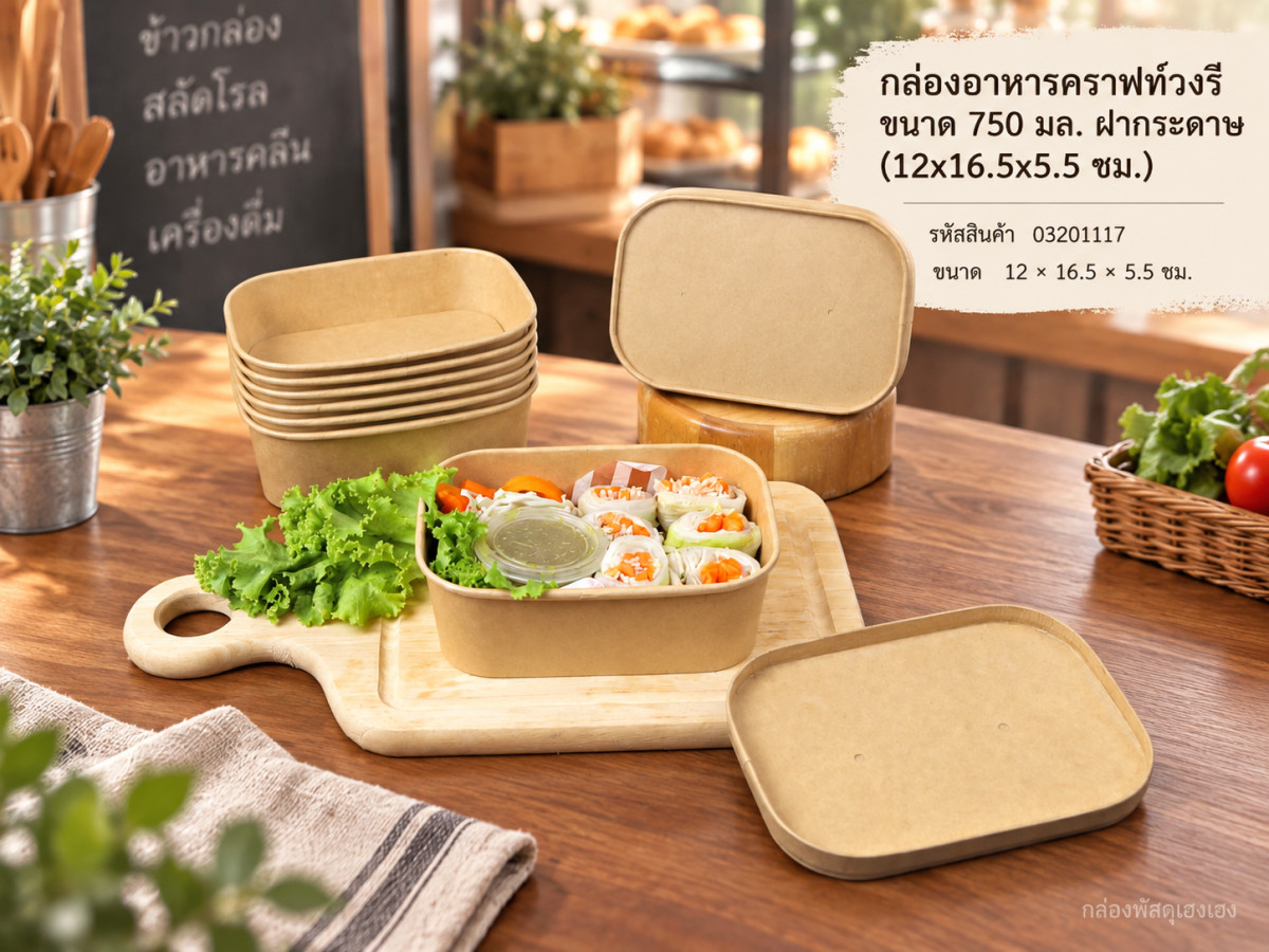 กล่องอาหารคราฟท์วงรี ขนาด 750 มล. ฝากระดาษ (12x16.5x5.5 ซม.)