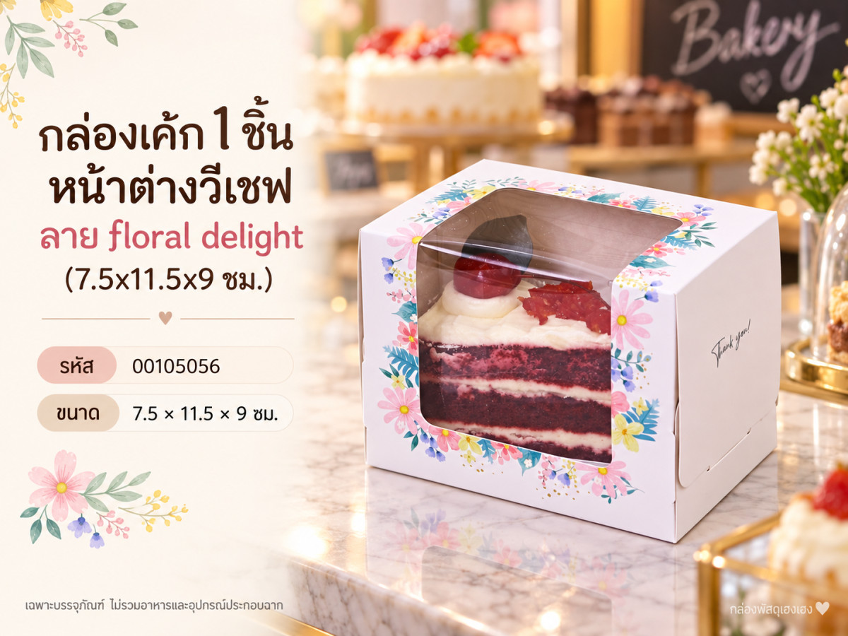 กล่องเค้ก 1 ชิ้น หน้าต่างวีเชฟ ลาย floral delight (7.5x11.5x9 ซม.)