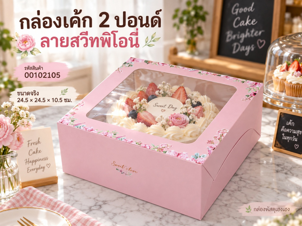 กล่องเค้ก 2 ปอนด์ ลายสวีทพิโอนี่ 24.5x24.5x10.5 ซม.