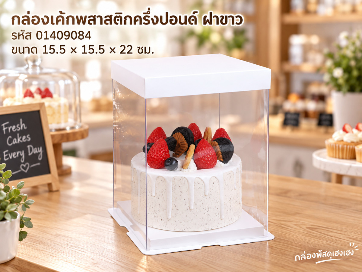 กล่องเค้กพลาสติก ครึ่งปอนด์ ฝาขาว ขนาด 15.5x15.5x22 ซม.