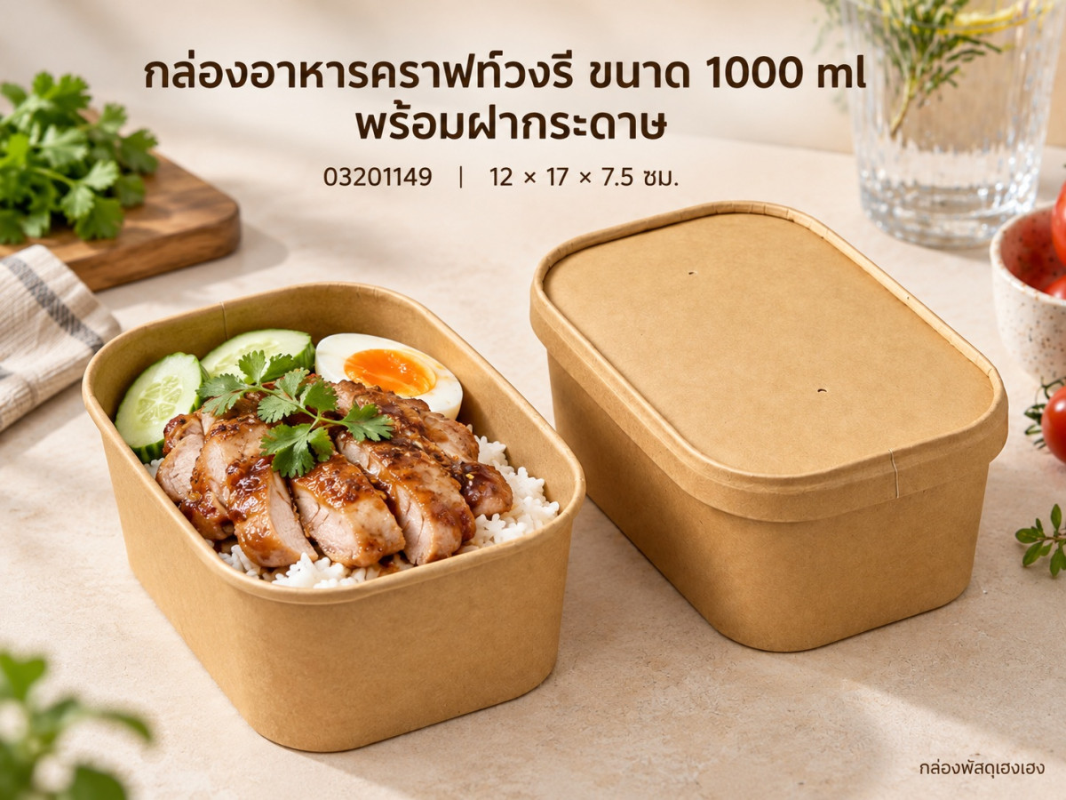 กล่องอาหารคราฟท์วงรี ขนาด 1000 ml พร้อมฝากระดาษ 12x17x7.5 ซม.