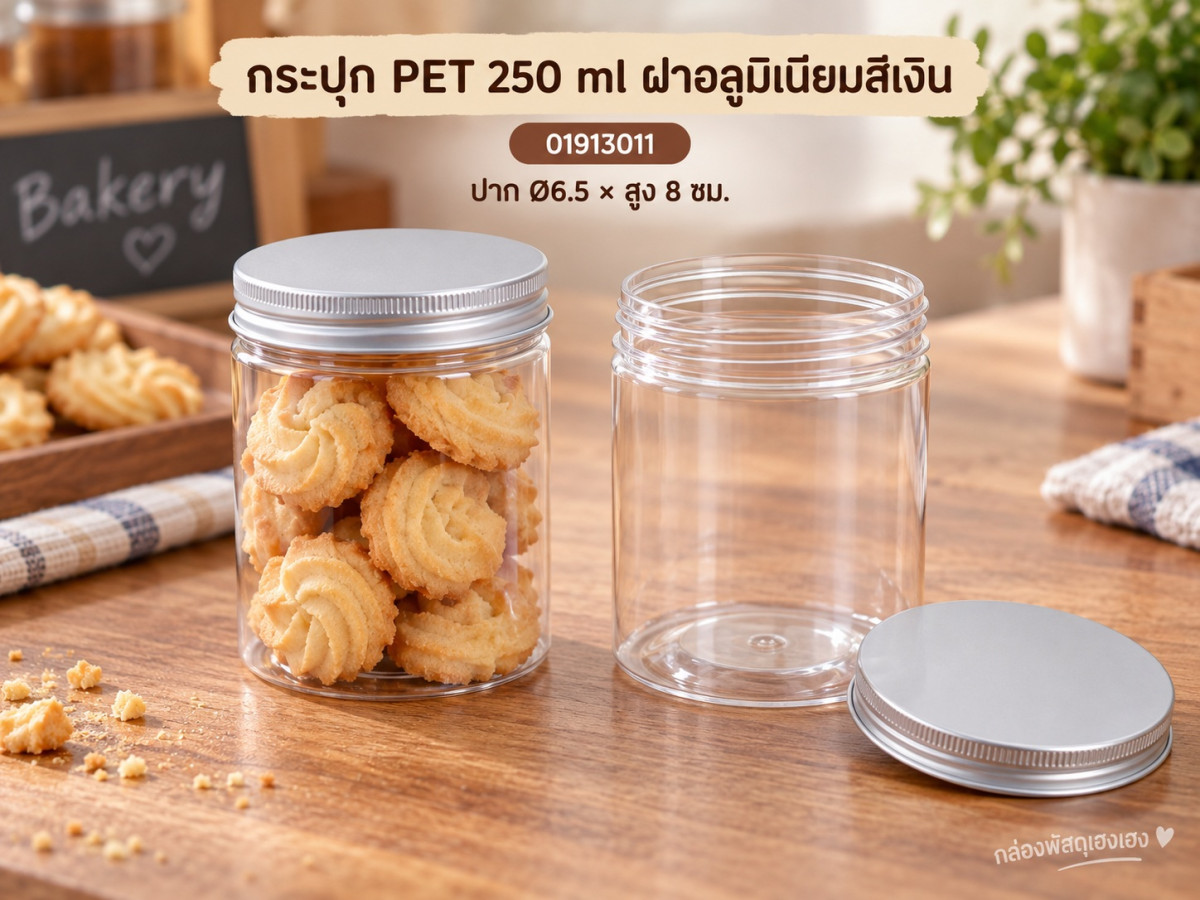กระปุก PET 250 ml ฝาอลูมิเนียมสีเงิน 6.5x6.5x8 ซม.