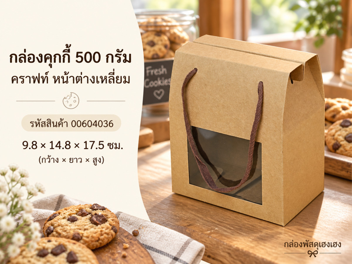 กล่องคุกกี้ 500g คราฟท์ หน้าต่างเหลี่ยม 9.8x14.8x17.5 ซม.