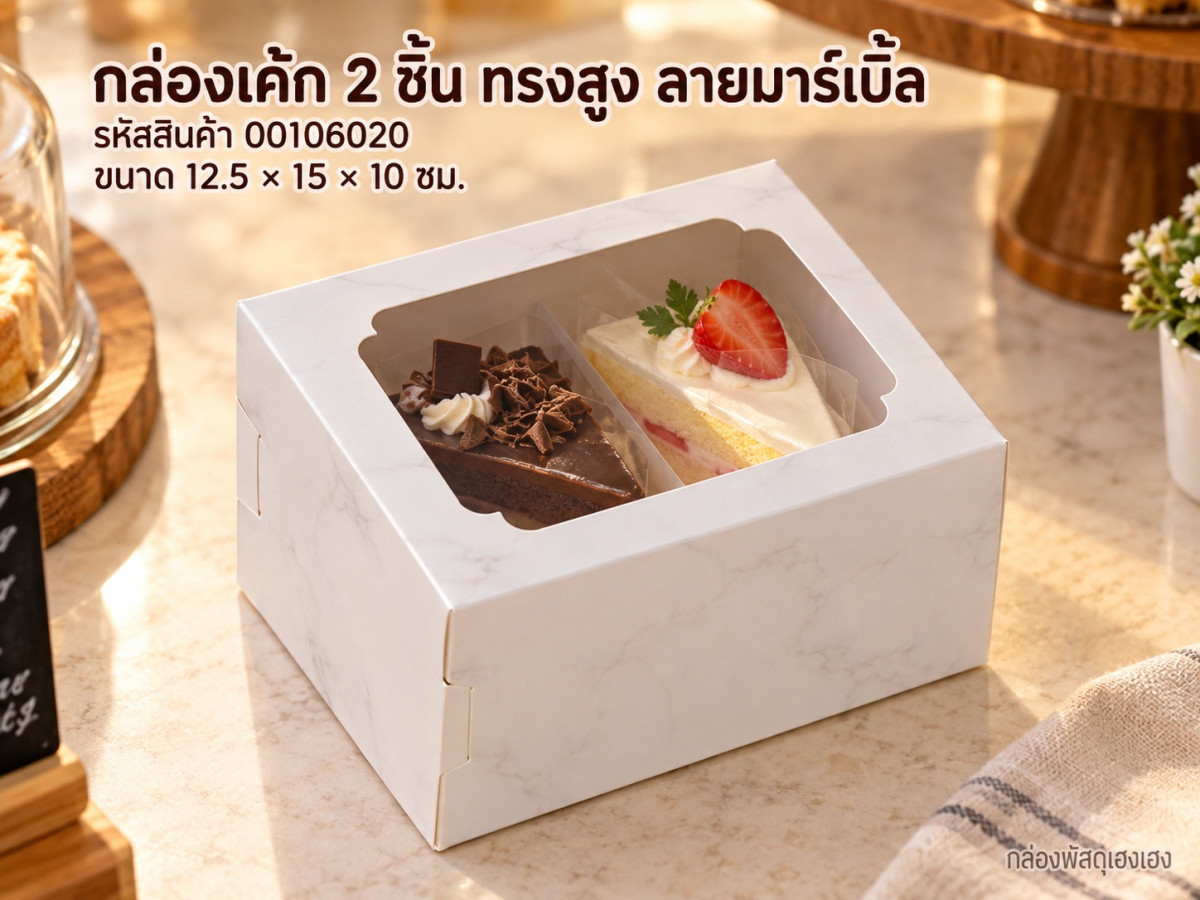 กล่องเค้ก 2 ชิ้น ทรงสูง ลายมาร์เบิ้ล 12.5x15x10 ซม.