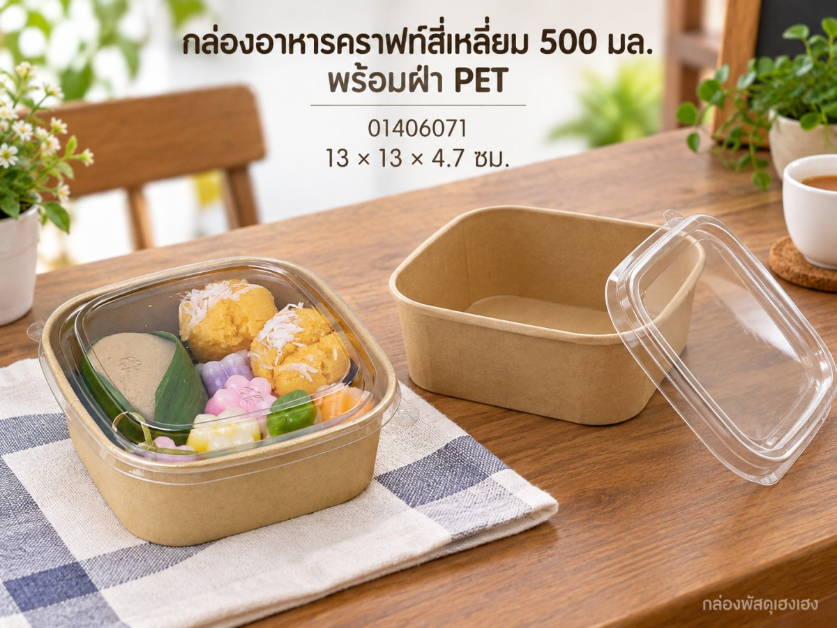 กล่องอาหารกระดาษคราฟท์ ทรงสี่เหลี่ยม 500 ml พร้อมฝา PET 13x13x4.7 ซม.