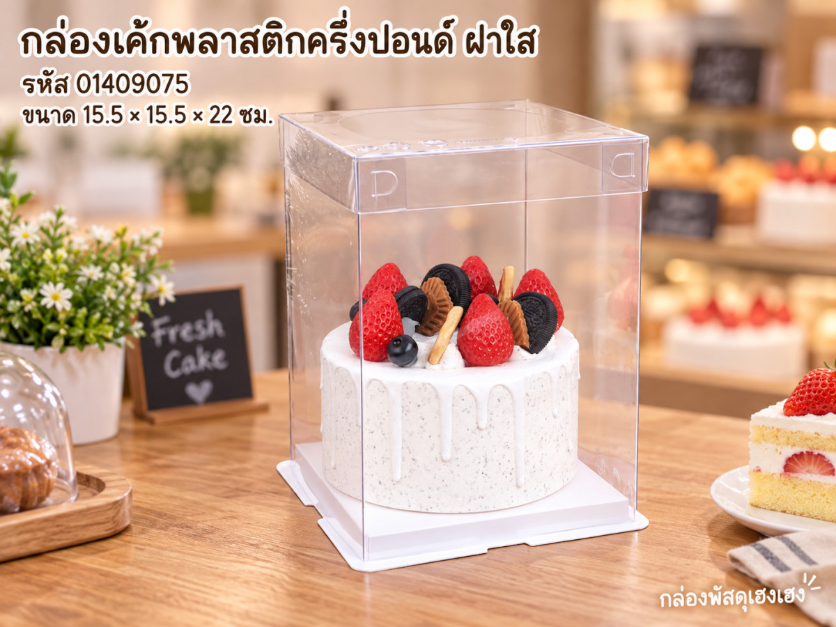 กล่องเค้กพลาสติก ครึ่งปอนด์ ฝาใส ขนาด 15.5x15.5x22 ซม.