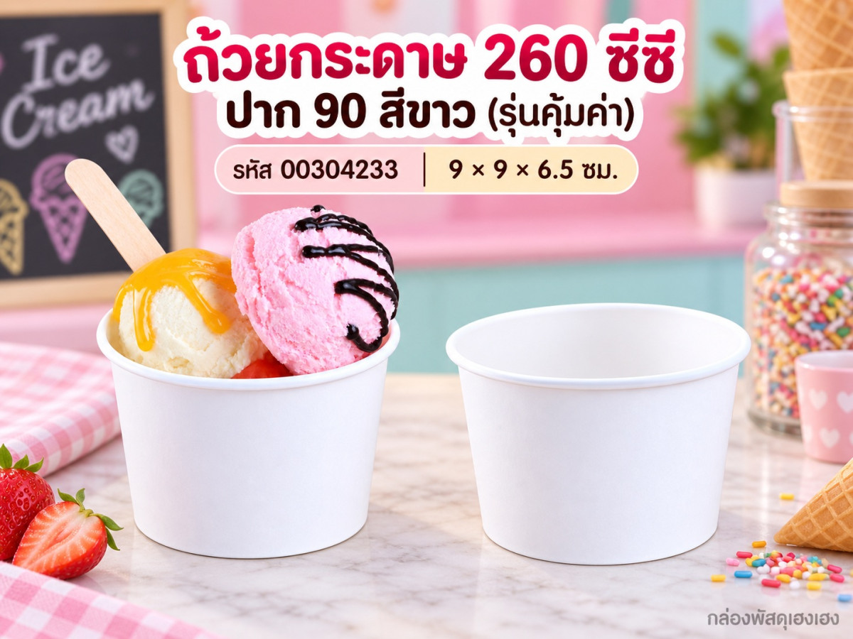 ถ้วยกระดาษ 260 cc. ปาก 90 ขาว (รุ่นคุ้มค่า) 9x9x6.5 ซม.