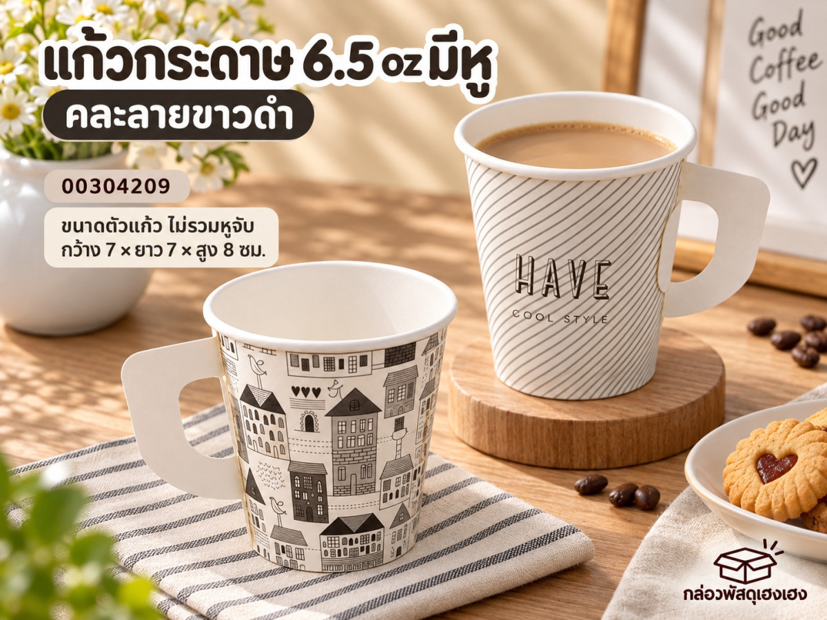 แก้วกระดาษ 6.5 oz มีหู คละลายขาวดำ ขนาดตัวแก้ว ไม่รวมหูจับ 7x7x8 ซม.