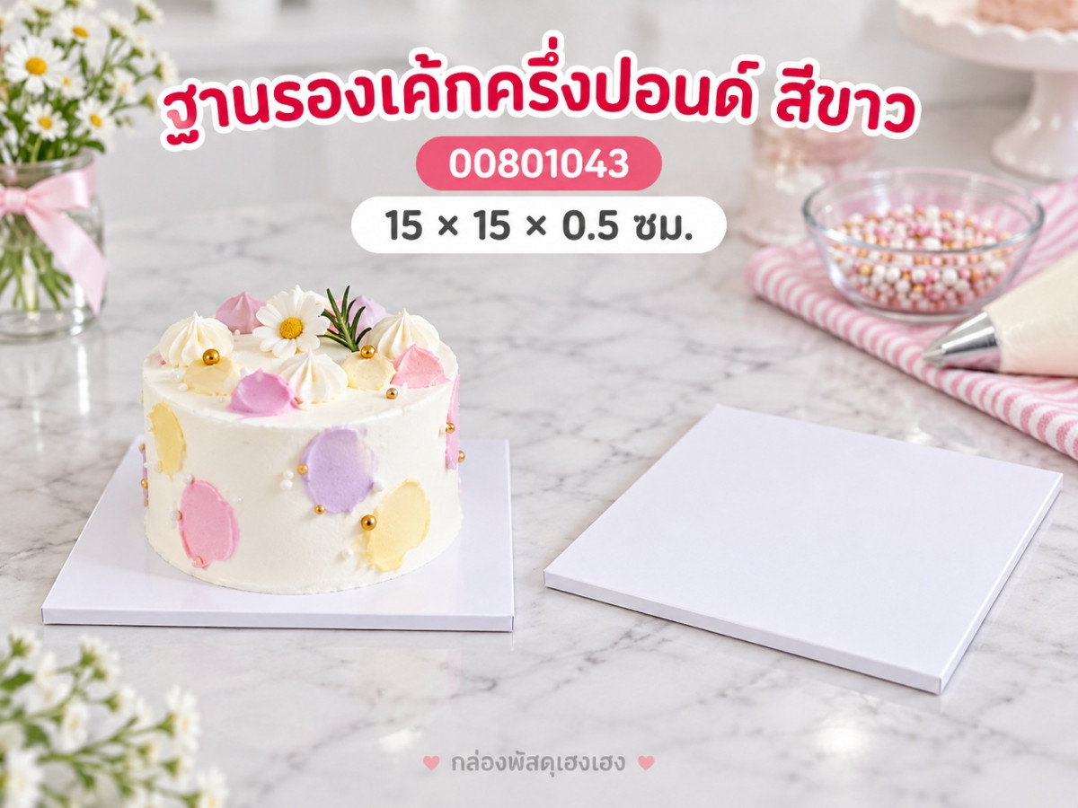 ฐานรองเค้กครึ่งปอนด์ แบบหนา สีขาว 15x15x0.5 ซม.