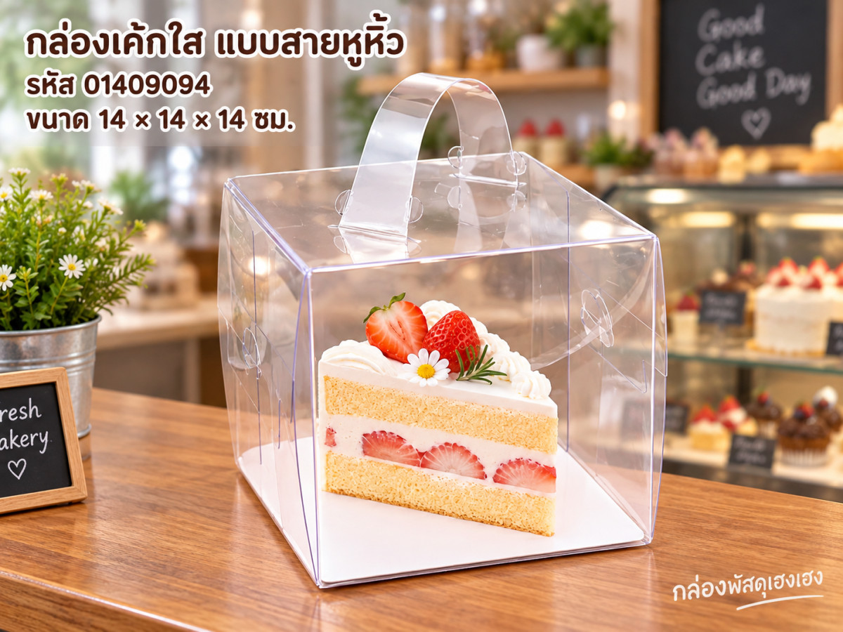 กล่องเค้กพลาสติก แบบสายหูหิ้ว ขนาด 14x14x14 ซม.