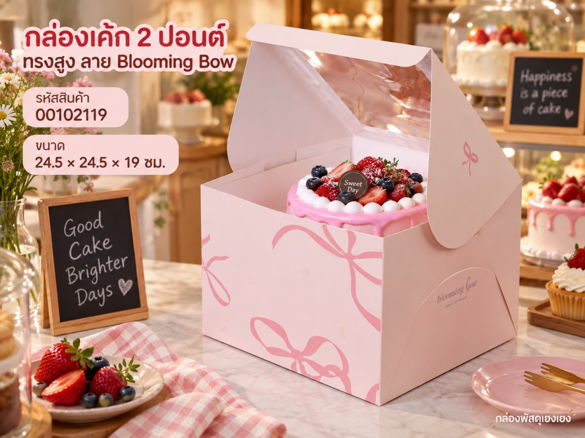 กล่องเค้ก 2 ปอนด์ ทรงสูง ลาย Blooming Bow 24.5x24.5x19 ซม.