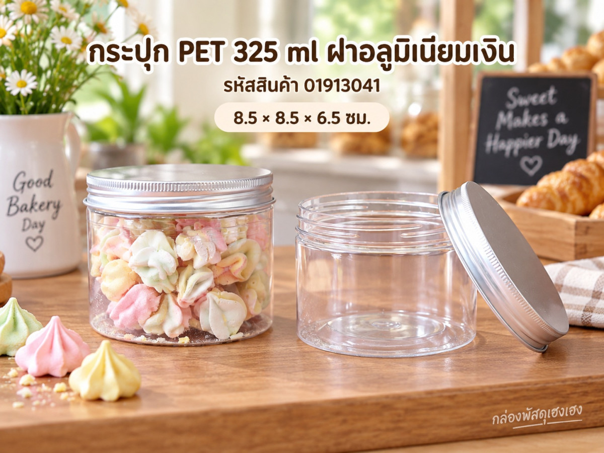 กระปุก PET 325 ml ฝาอลูมิเนียมเงิน 8.5x8.5x6.5 ซม.