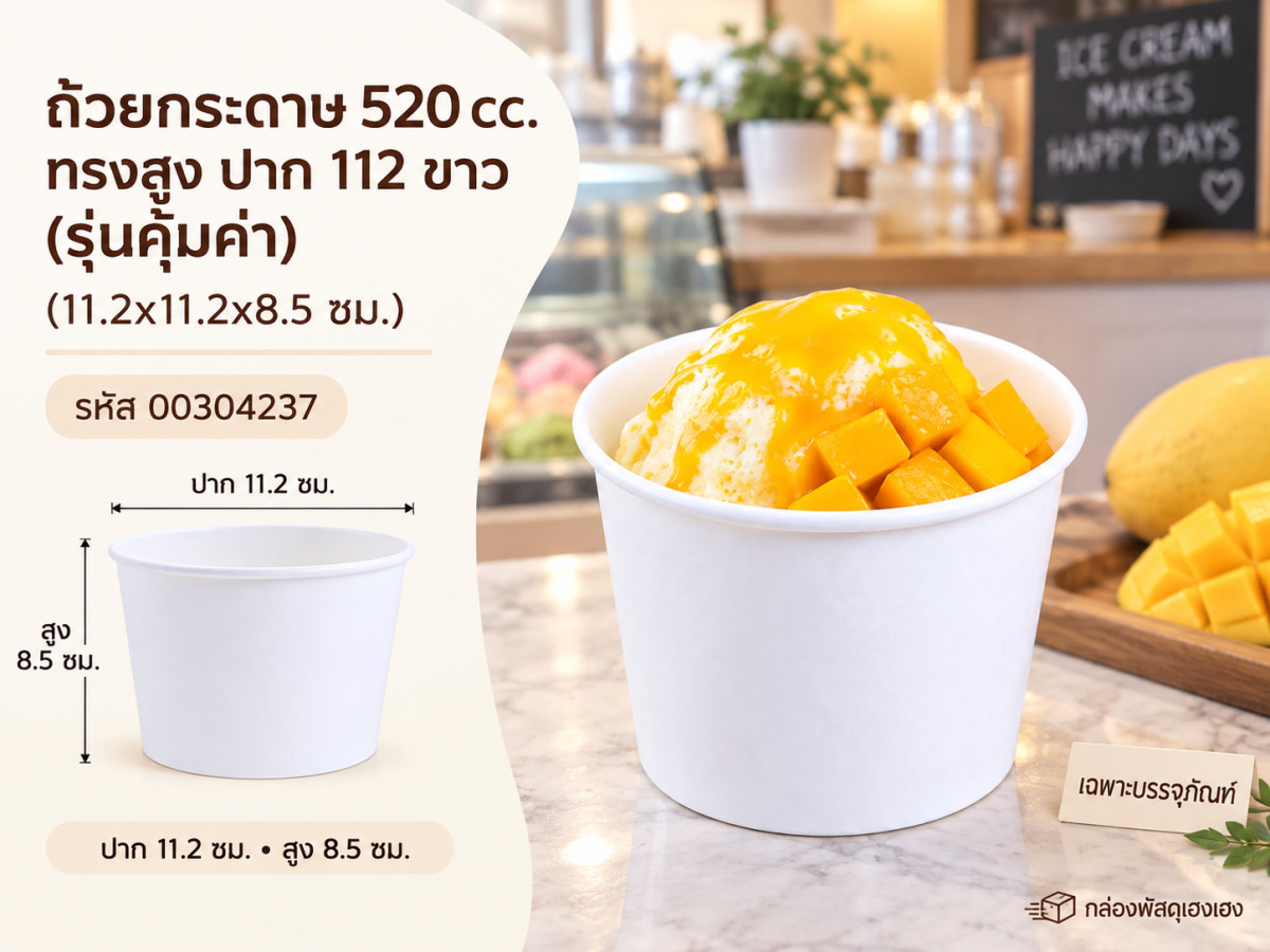 ถ้วยกระดาษ 520 cc. ทรงสูง ปาก 112 ขาว (รุ่นคุ้มค่า) (11.2x11.2x8.5 ซม.)