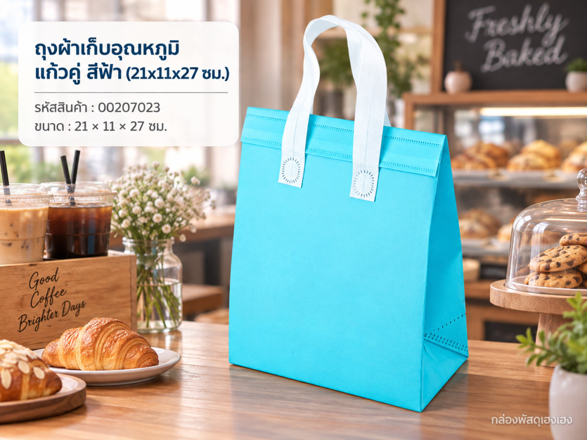 ถุงผ้าเก็บอุณหภูมิ แก้วคู่ สีฟ้า (21x11x27 ซม.)