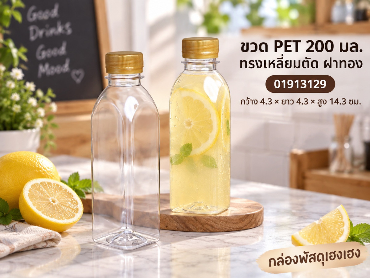 ขวดพลาสติก PET 200 มล. ทรงเหลี่ยมตัด พร้อมฝาทอง 4.3x4.3x14.3 ซม.