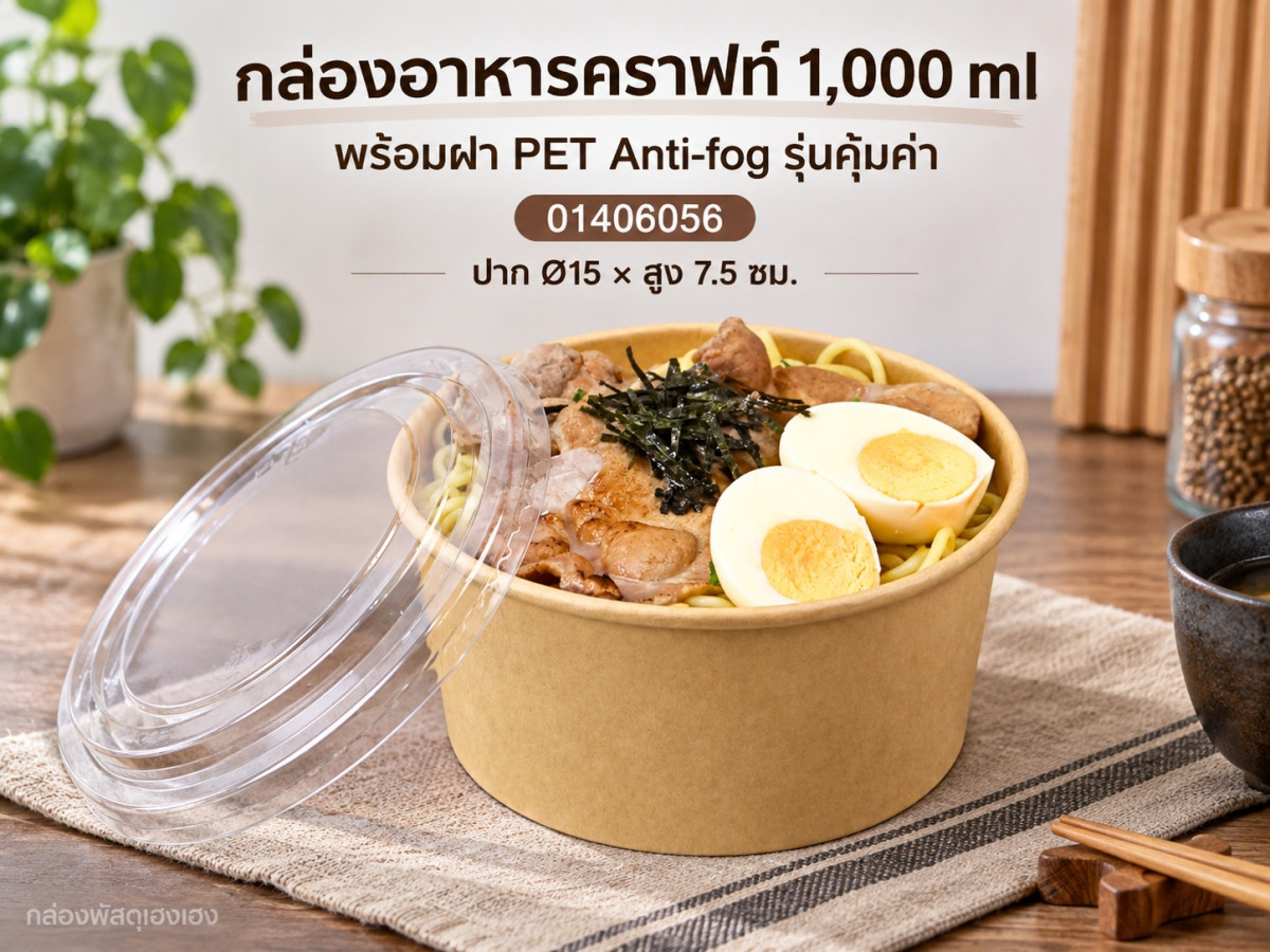 กล่องอาหารคราฟท์ 1,000 ml พร้อมฝา PET Anti-fog รุ่นคุ้มค่า 15x15x7.5 ซม.