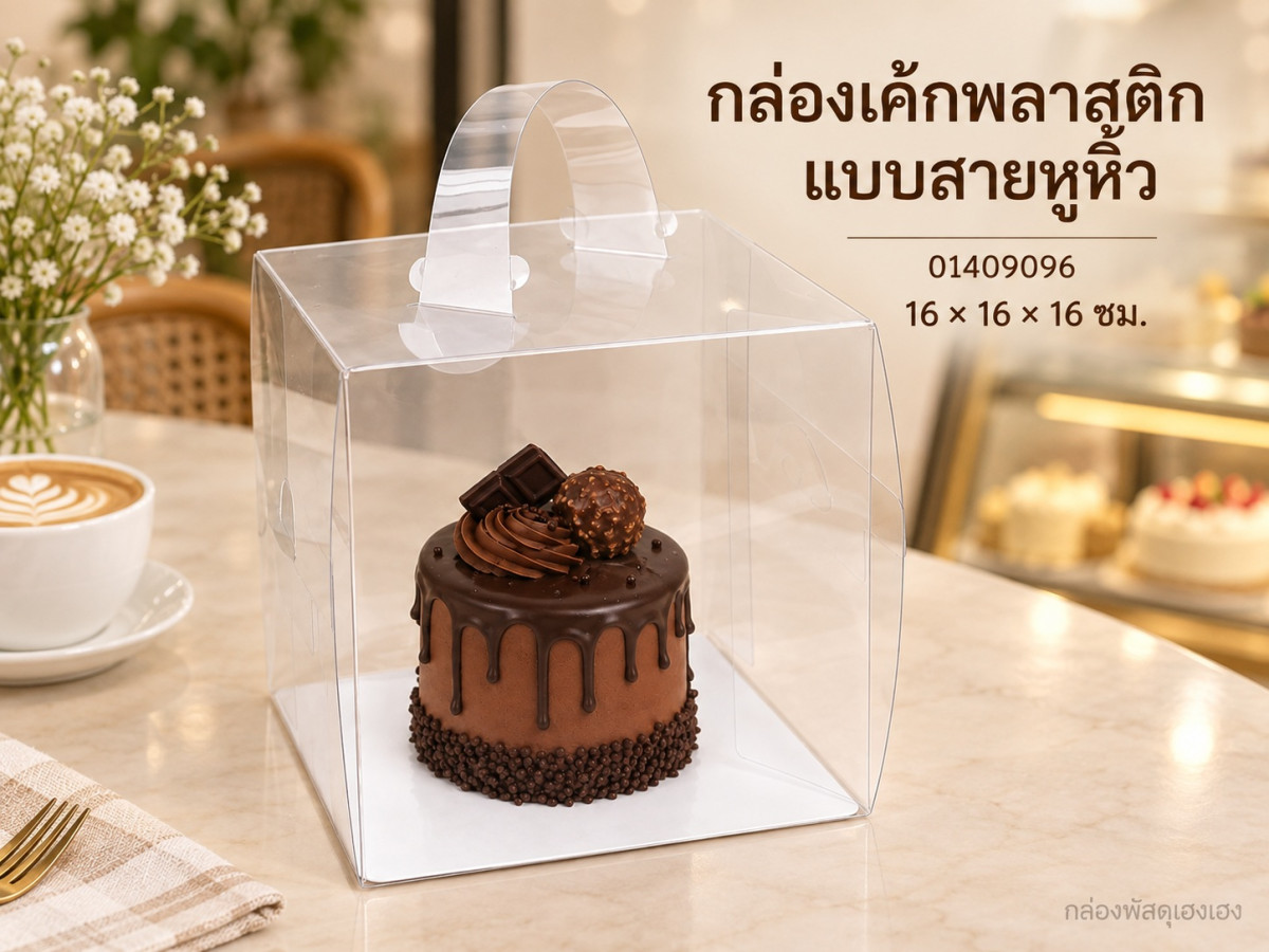กล่องเค้กพลาสติก แบบสายหูหิ้ว 16x16x16 ซม.