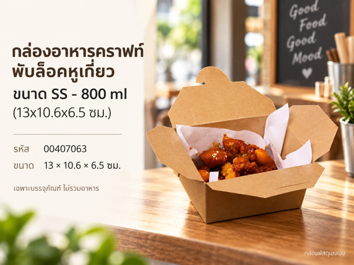 กล่องอาหารคราฟท์พับล็อคหูเกี่ยว ขนาด SS - 800 ml (13x10.6x6.5 ซม.)