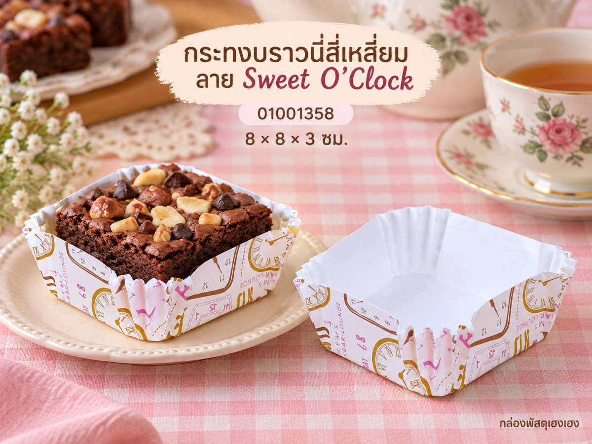 กระทงบราวนี่สี่เหลี่ยม ลาย Sweet O’Clock 8x8x3 ซม.