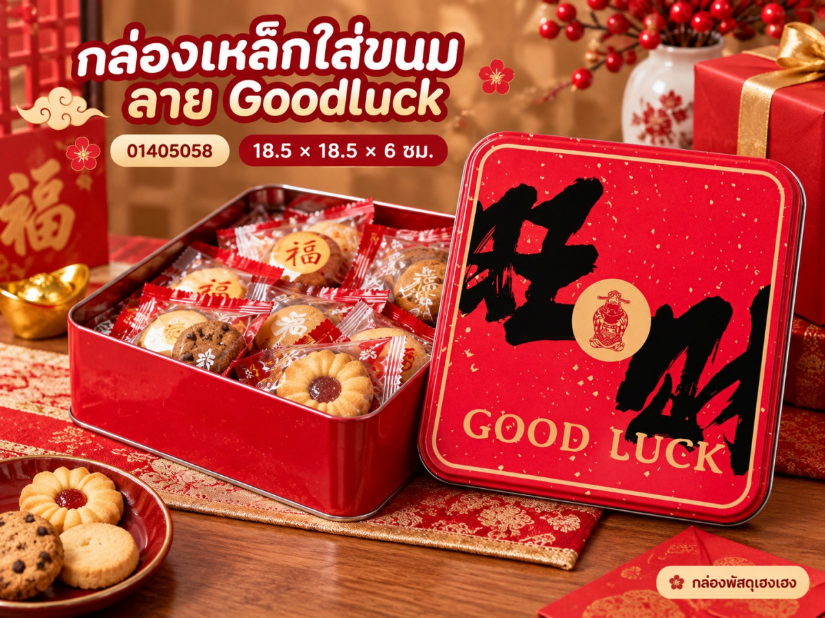 กล่องเหล็กสี่เหลี่ยมใส่ขนม ลาย Goodluck 18.5x18.5x6 ซม.