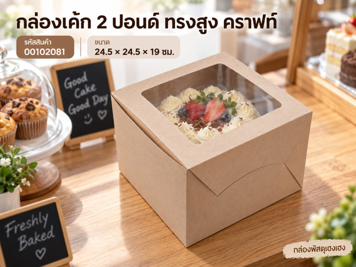 กล่องเค้ก 2 ปอนด์ ทรงสูง คราฟท์ 24.5x24.5x19 ซม.