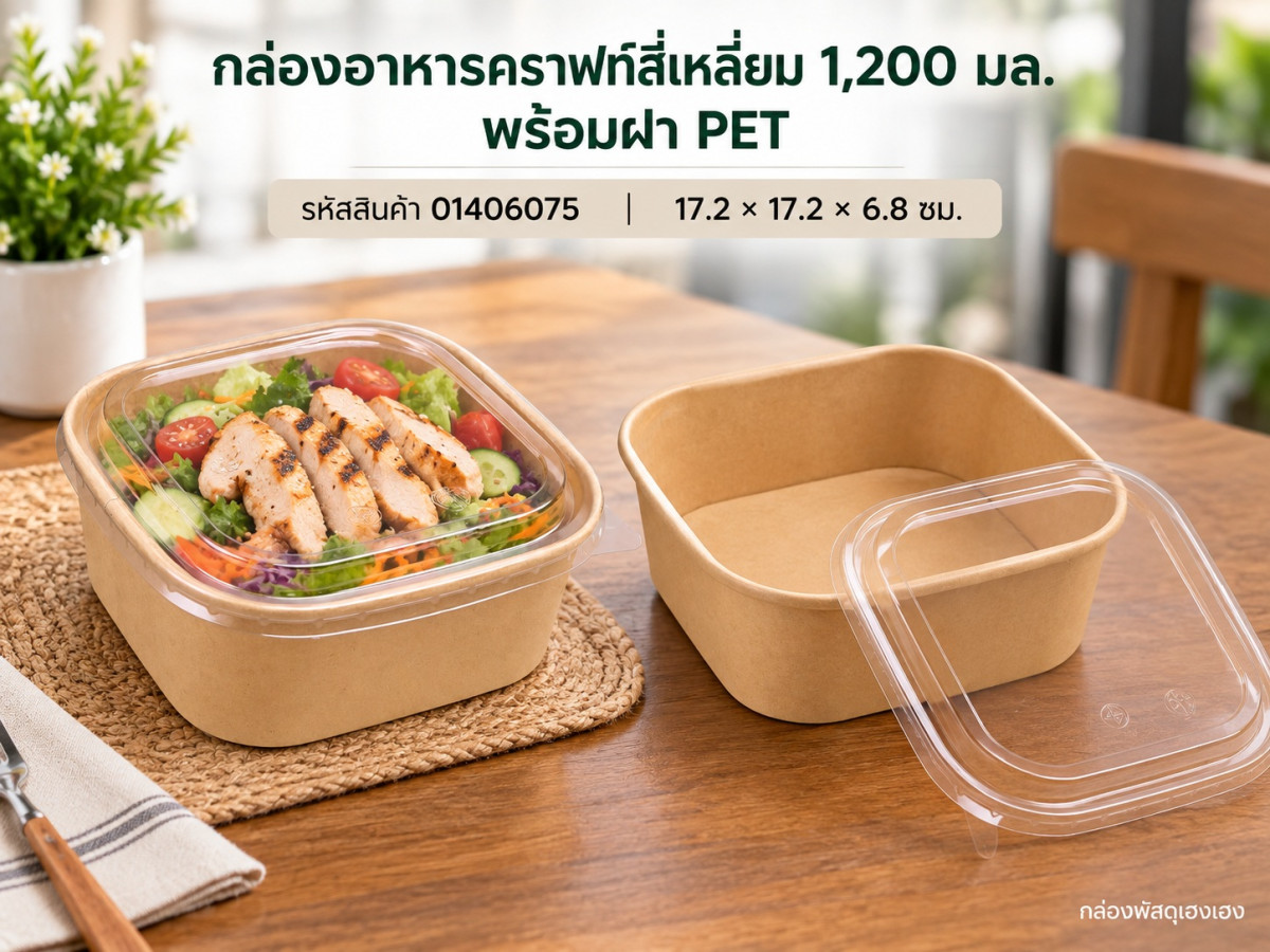กล่องอาหารกระดาษคราฟท์ ทรงสี่เหลี่ยม 1200 ml พร้อมฝา PET 17.2x17.2x6.8 ซม.
