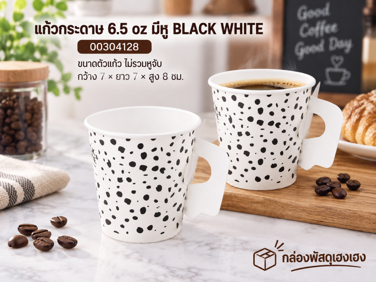 แก้วกระดาษ 6.5 oz มีหู BLACK WHITE ขนาดตัวแก้ว ไม่รวมหูจับ 7x7x8 ซม.