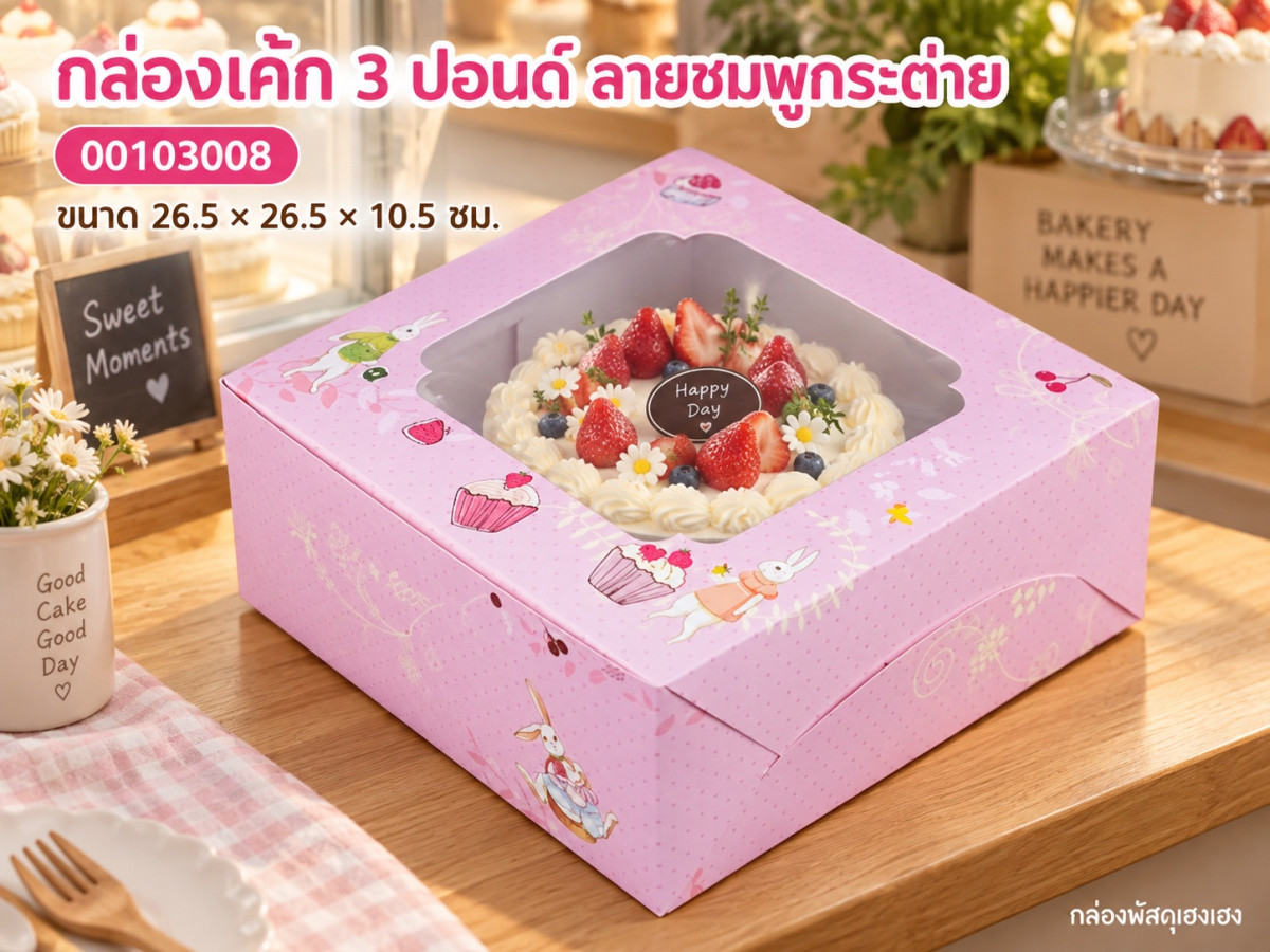 กล่องเค้ก 3 ปอนด์ ลายชมพูกระต่าย 26.5x26.5x10.5 ซม.