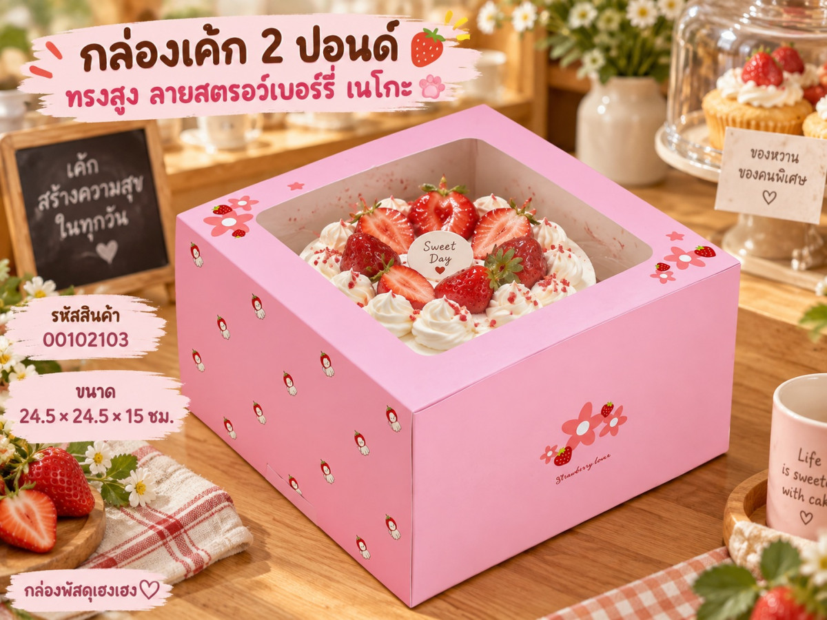 กล่องเค้ก 2 ปอนด์ ทรงสูง ลายสตรอว์เบอร์รี่ เนโกะ 24.5x24.5x15 ซม.
