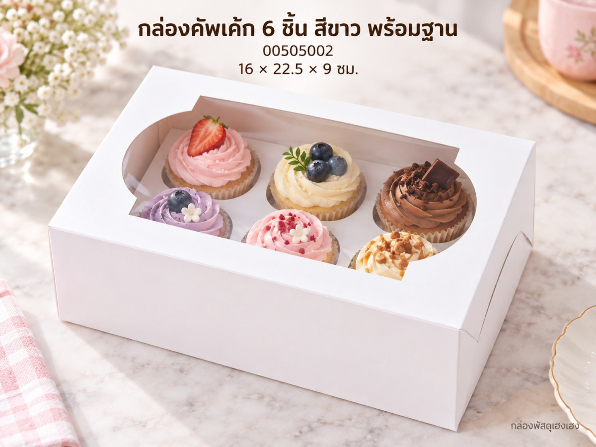 กล่องคัพเค้ก 6 ชิ้น พร้อมฐาน สีขาว 16x22.5x9 ซม.
