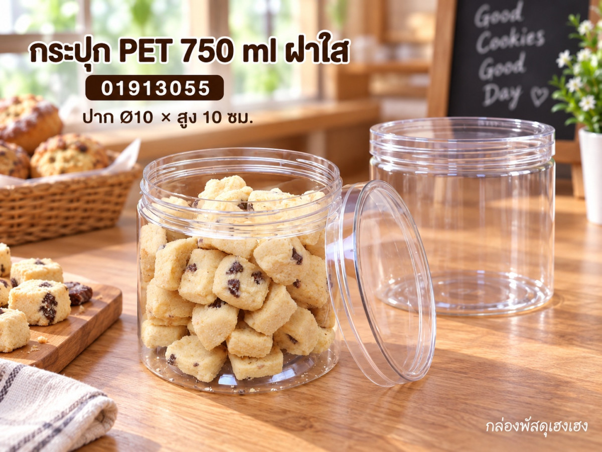 กระปุก PET 750 ml ฝาใส 10x10x10 ซม.